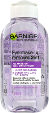 Garnier Skin Naturals 2in1 płyn do demakijażu oczu w przezroczystej butelce z fioletową etykietą, widok z przodu.