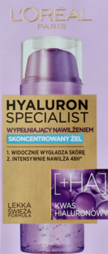 L'Oréal Hyaluron Specialist skoncentrowany żel z kwasem hialuronowym, fioletowa butelka z pompką.