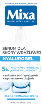 Mixa Hyalurogel serum dla skóry wrażliwej z 5% niacynamidem i kwasem hialuronowym, biała butelka, widok z przodu.