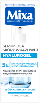 Mixa Hyalurogel Serum w białej butelce z niebieską etykietą, 5% niacynamid+pantenol, widok z przodu.