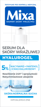 Mixa Hyalurogel serum do skóry wrażliwej i suchej, biała butelka z pompką, 5% składników, widok z przodu.