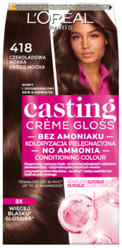 L'Oréal Casting Crème Gloss 418 Choco Mocha, koloryzacja bez amoniaku, dla lśniących włosów, widok z przodu.