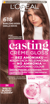 L'Oréal Casting Crème Gloss 618 Vanilla Mocha, brązowa pielęgnacyjna farba bez amoniaku, widok z przodu.