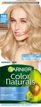 Opakowanie Garnier Color Naturals 110, farba Ultra Blond, z blond modelką, awokado i zielonym logo.