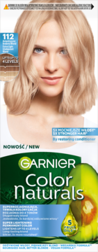 Garnier Color Naturals 112 Extra Light Iridescent Blond dye. Model with light blonde hair, lifts up to 4 levels, 5 fruit oils.
