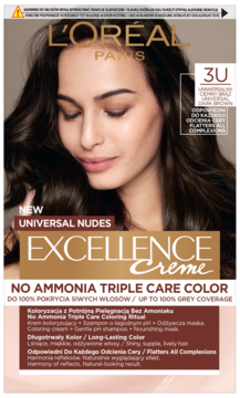 L'Oréal Excellence Crème 3U Universal Nudes farba do włosów, ciemny brąz, bez amoniaku, widok z przodu.