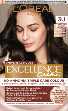 L'Oréal Excellence Creme 3U Universal Nudes Ciemny Brąz, koloryzacja bez amoniaku, na modelce z lśniącymi włosami.