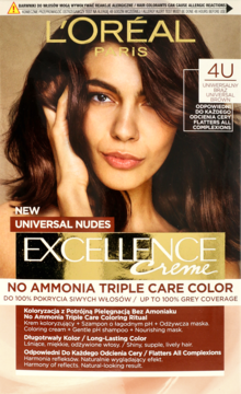 Pudełko farby L'Oréal Excellence Creme Universal Nudes 4U, ciemny brąz, bez amoniaku, do każdej cery.