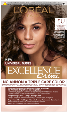 L'Oréal Excellence Crème 5U Universal Nudes, jasny brąz, potrójna pielęgnacja, farba bez amoniaku.