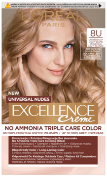 L'Oréal Excellence Creme Universal Nudes 8U, jasny blond bez amoniaku, widok pudełka z twarzą modelki.