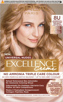 L'Oréal Excellence Creme 8U Universal Light Blonde farba do włosów bez amoniaku, front złoto-beżowego opakowania z blondynką.