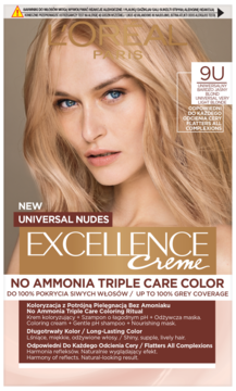 L'Oréal Excellence Crème 9U Universal Nudes, farba do włosów blond bez amoniaku, widok z przodu opakowania.