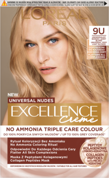 L'Oréal Paris Excellence Crème 9U Universal Nudes, farba bez amoniaku, 100% pokrycia siwych włosów, front z modelką.