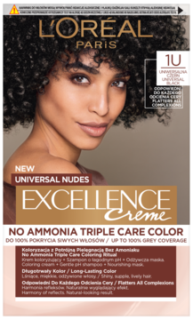 L'Oréal Excellence Crème Universal Nudes 1U, czarna farba do włosów, widok z przodu, modelka z ciemnymi włosami.