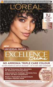Opakowanie L'Oréal Excellence Creme Universal Nudes 1U Universal Black, farba bez amoniaku, modelka.