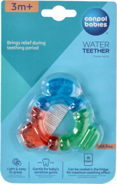 Canpol babies Water Teether, colorful ring shape in clear blister packaging, front view. For 3m+ teething relief.