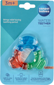 Canpol babies Water Teether, colorful ring shape in clear blister packaging, front view. For 3m+ teething relief.