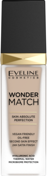 Eveline Wonder Match podkład 24h satin finish w matowym flakonie, widok z przodu, czarno-złota nakrętka.