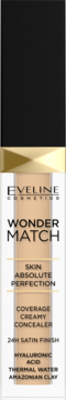 Eveline Wonder Match kremowy korektor kryjący, beżowa tubka, czarno-złota zakrętka, widok z przodu.
