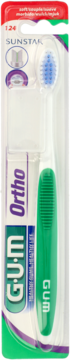 Szczoteczka GUM ORTHO Sunstar do aparatów, zielono-biała, z niebieskim włosiem V-cut, w blistrze, widok z przodu.