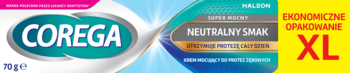Corega Super Mocny Neutralny Smak, krem do protez 70g. Biało-turkusowe opakowanie z żółtą sekcją XL.