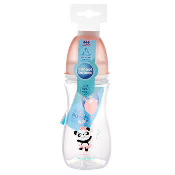 Butelka Canpol Babies 240ml antykolkowa z motywem pandy, z różową zakrętką, widok z przodu.