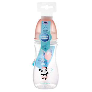Butelka Canpol Babies 240ml antykolkowa z motywem pandy, z różową zakrętką, widok z przodu.
