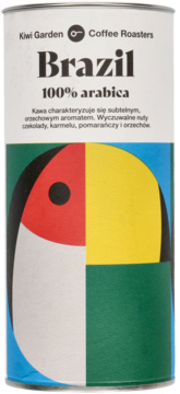 Biała puszka kawy Kiwi Garden Brazil 100% arabica z grafiką kolorowego ptaka, widok z przodu.