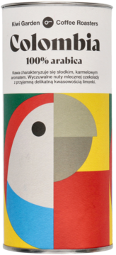Opakowanie kawy Colombia 100% arabica Kiwi Garden z kolorowym, abstrakcyjnym motywem papugi. Widok z przodu.