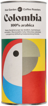 Opakowanie kawy Colombia 100% arabica Kiwi Garden z kolorowym, abstrakcyjnym motywem papugi. Widok z przodu.