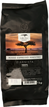 Czarna paczka kawy ziarnistej 100% Arabica Coffee Time ROSSO ESPRESSO MAESTRO 1kg, z etykietą sawanny.