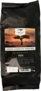 Czarna paczka kawy ziarnistej 100% Arabica Coffee Time ROSSO ESPRESSO MAESTRO 1kg, z etykietą sawanny.