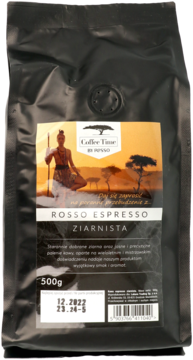 Czarna torba kawy ziarnistej Coffee Time by Rosso Espresso 500g z pustynnym motywem, widok z przodu.