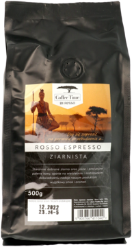 Czarna torba kawy ziarnistej Coffee Time by Rosso Espresso 500g z pustynnym motywem, widok z przodu.