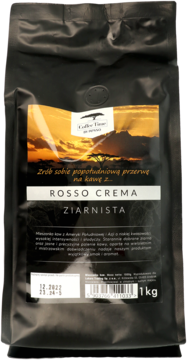 Czarna torebka kawy ziarnistej Coffee Time Rosso Crema z etykietą z pomarańczowym zachodem słońca, widok z przodu.