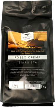 Czarna torebka kawy ziarnistej Coffee Time Rosso Crema z etykietą z pomarańczowym zachodem słońca, widok z przodu.