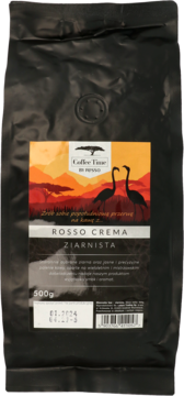Kawa ziarnista ROSSO CREMA 500g w czarnej torbie, widok z przodu, z grafiką wschodu słońca i flamingami.
