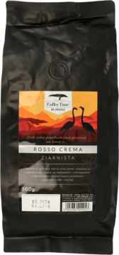 Kawa ziarnista ROSSO CREMA 500g w czarnej torbie, widok z przodu, z grafiką wschodu słońca i flamingami.