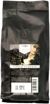 Ciemna paczka mielonej kawy Coffee Time Rosso Classic z etykietą przedstawiającą kobietę z filiżanką, widok z przodu.
