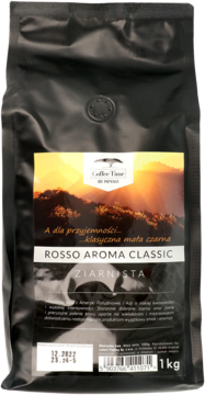Czarna torebka kawy ziarnistej Caffeine Time Rosso Aroma Classic 1kg, etykieta z górskim widokiem.