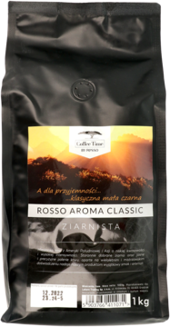 Czarna torebka kawy ziarnistej Caffeine Time Rosso Aroma Classic 1kg, etykieta z górskim widokiem.