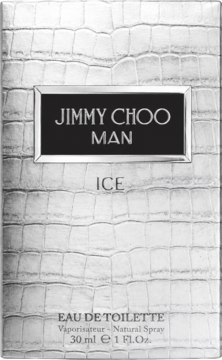 Front pudełka Jimmy Choo MAN ICE EDT 30ml, srebrne z teksturą skóry krokodyla i czarną etykietą.