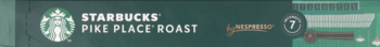 Dark green Starbucks Pike Place Roast coffee packaging with white siren logo, text, and roast level icon.