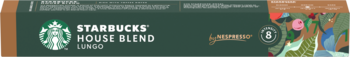 Ciemnozielone opakowanie kawy Starbucks House Blend Lungo, z białym logo syreny i barwnym wzorem na tle.