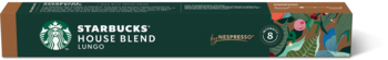 Starbucks House Blend Lungo Nespresso coffee pods box, dark green, brown sides, logo, intensity 8.