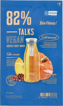 Missha Talks Vegan Squeeze Sheet Mask, niebieska wegańska maska z dynią i fasolą, widok opakowania z przodu.
