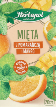 Herbapol herbata ziołowo-owocowa Mięta z Pomarańczą i Mango. Na opakowaniu liście, pomarańcze i mango.