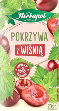 Herbapol Pokrzywa z Wiśnią, herbata ziołowo-owocowa. Różowo-zielone opakowanie z wiśniami i liśćmi pokrzywy, widok z przodu.