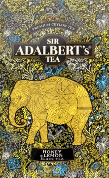 Sir Adalbert's Tea Honey & Lemon Black Tea w czarnym opakowaniu ze złotym słoniem i roślinnymi wzorami, przód.