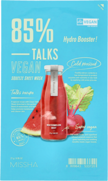 Missha Talks Vegan Squeeze Sheet Mask Hydro Booster w niebieskim opakowaniu z grafiką arbuza i buraka, widok z przodu.